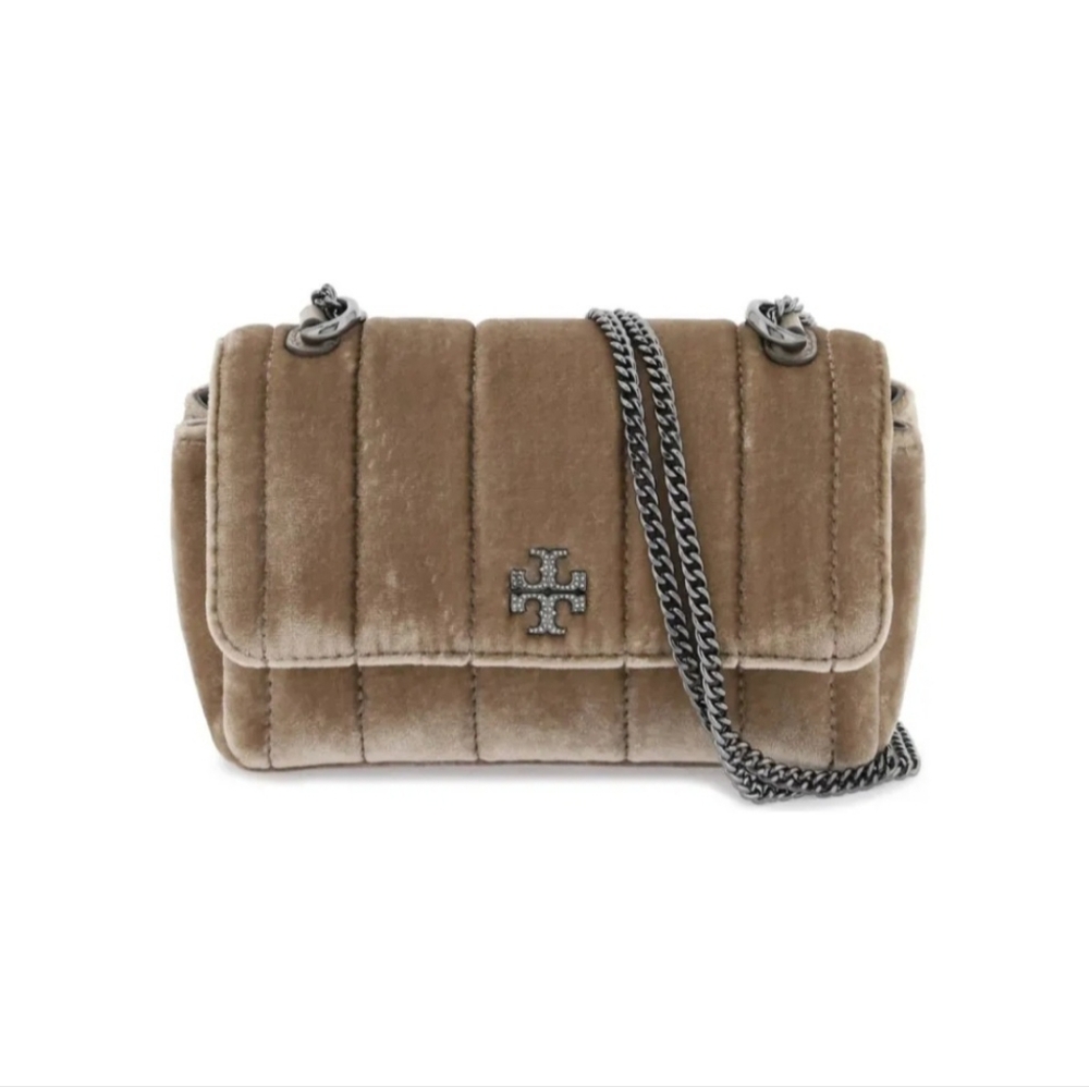 Tory Burch Small Kira Mini Flap Quilted Velvet Shoulder Bag in Classic Taupe
